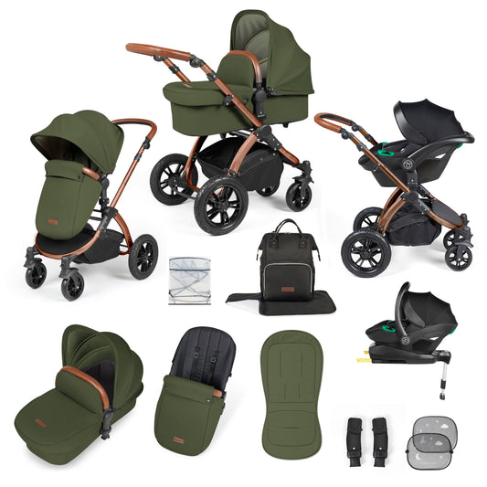 Ickle Bubba - STOMP LUXE AIO, i-SIZE & ISOFIX BASE - BRONZE / WOODLAND / TAN