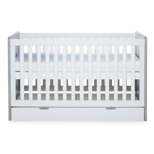 Ickle Bubba - Pembrey Cot Bed, Under Drawer and Fibre Mattress - Ash Grey & White