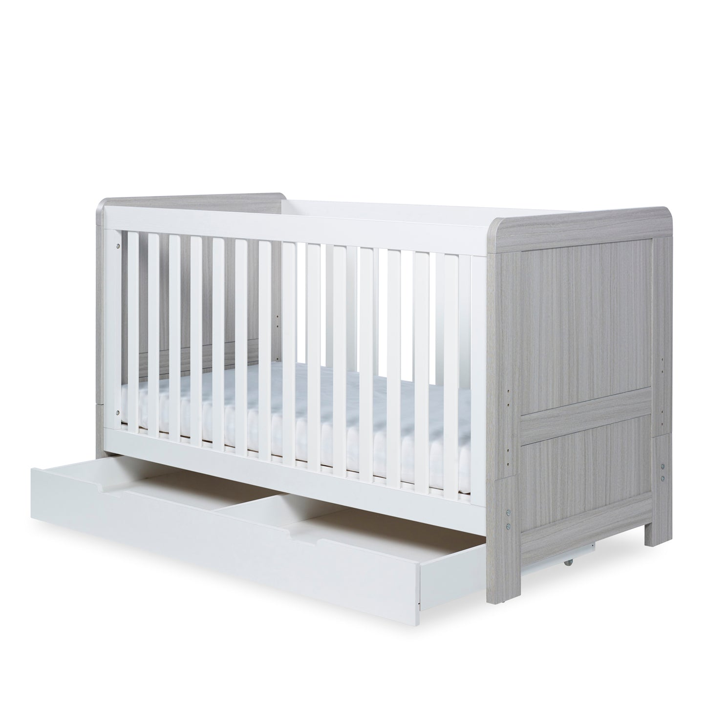 Ickle Bubba - Pembrey Cot Bed, Under Drawer and Fibre Mattress - Ash Grey & White