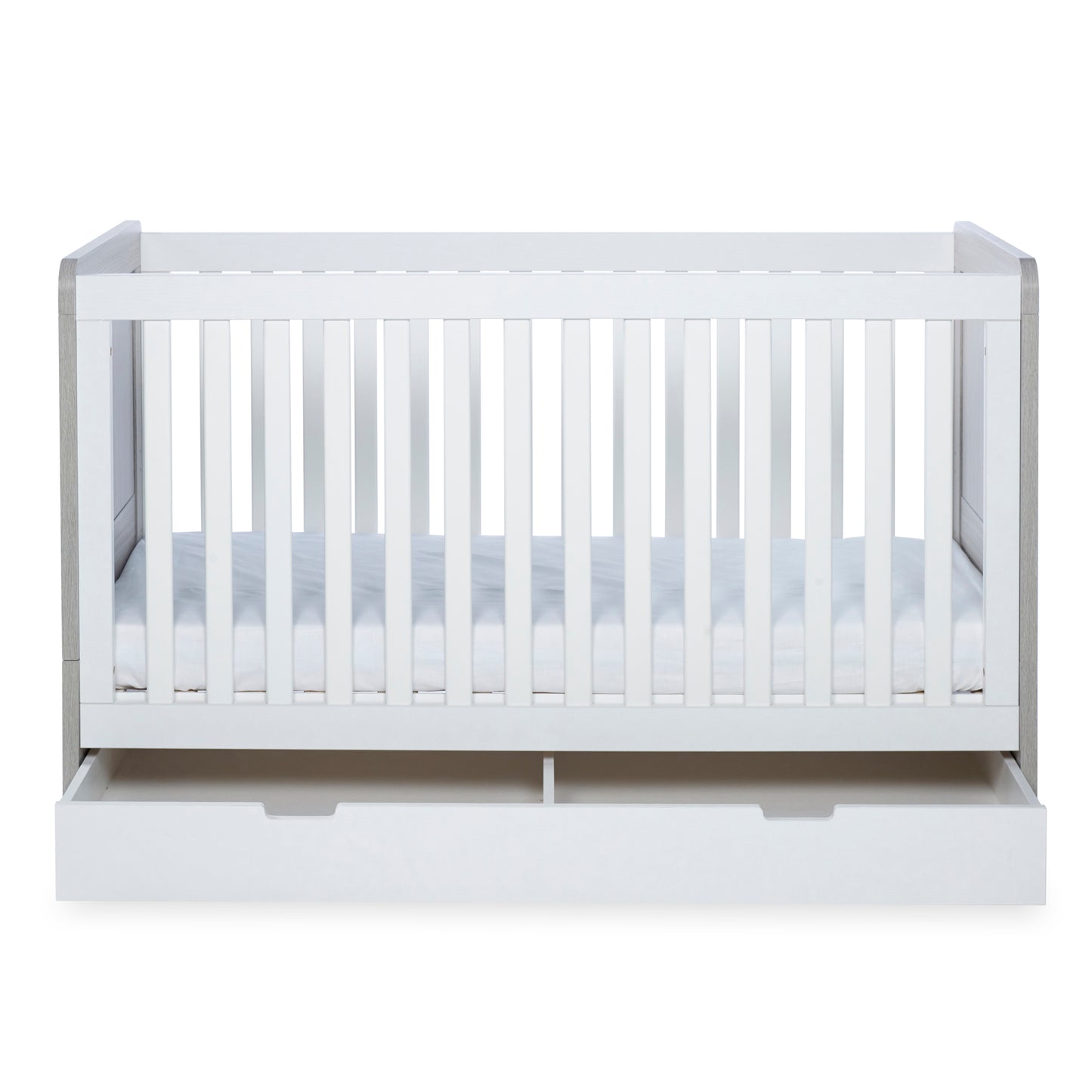 Ickle Bubba - Pembrey Cot Bed, Under Drawer and Fibre Mattress - Ash Grey & White