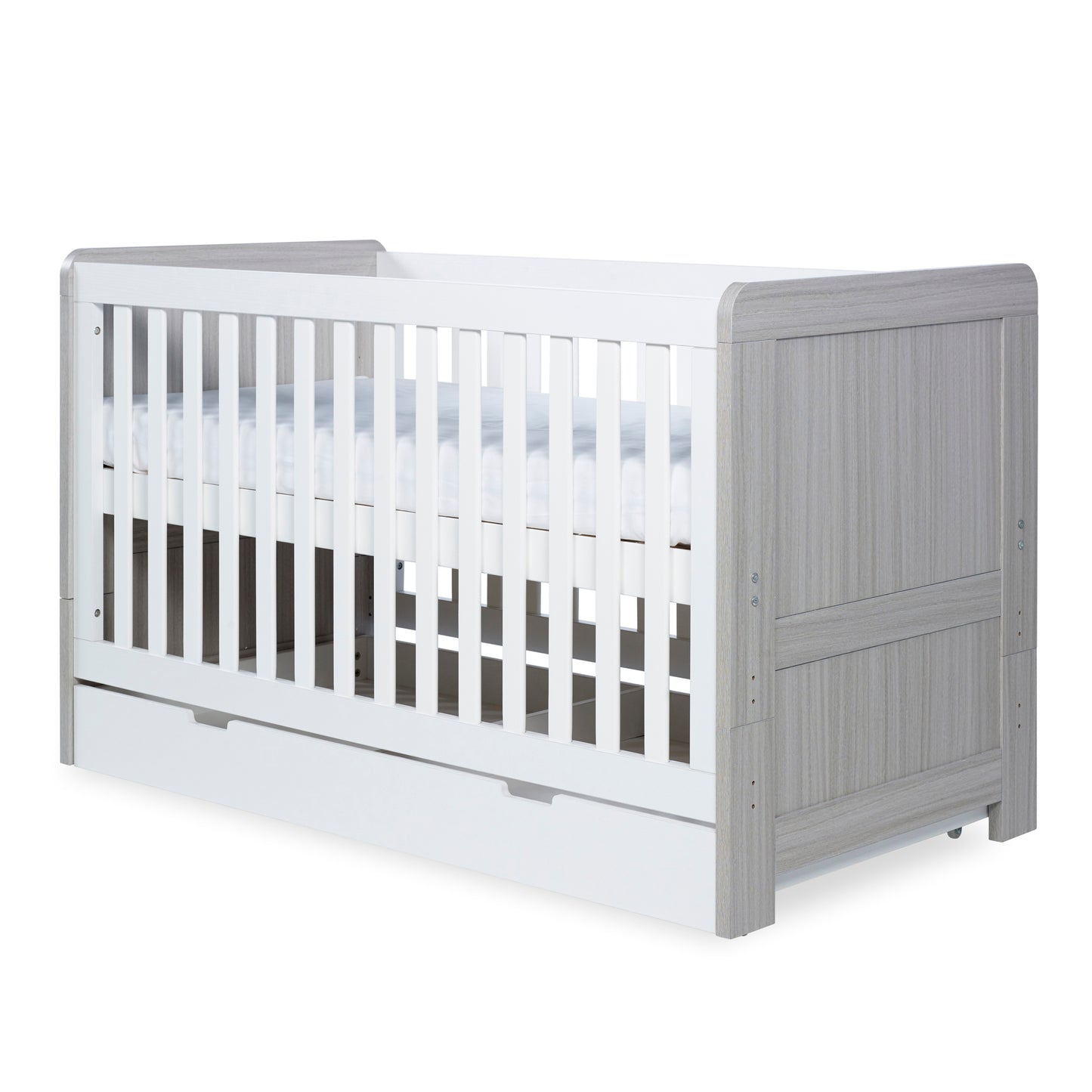 Ickle Bubba - Pembrey Cot Bed, Under Drawer and Fibre Mattress - Ash Grey & White