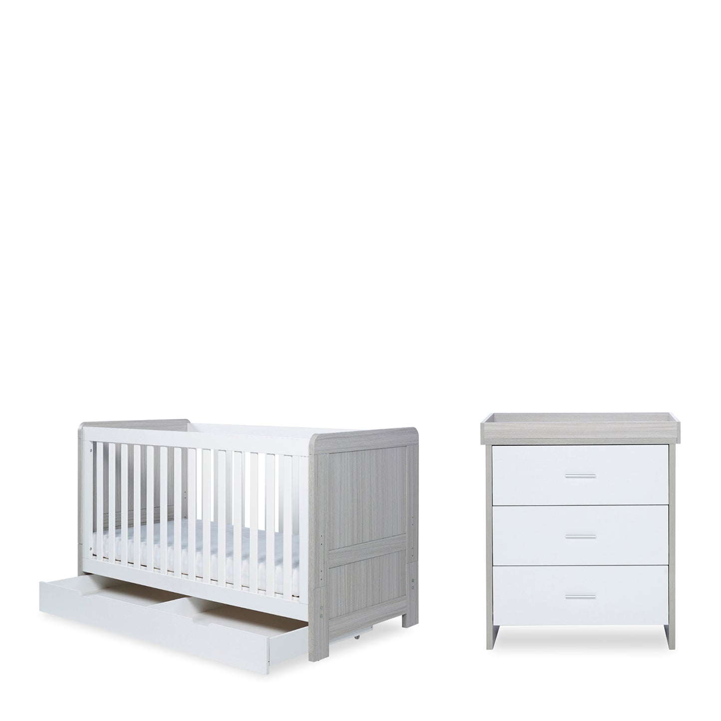 Ickle Bubba - Pembrey 2 Piece Furniture Set, Under Drawer and All Seasons Premium Pocket Sprung Mattress - Ash Grey & White