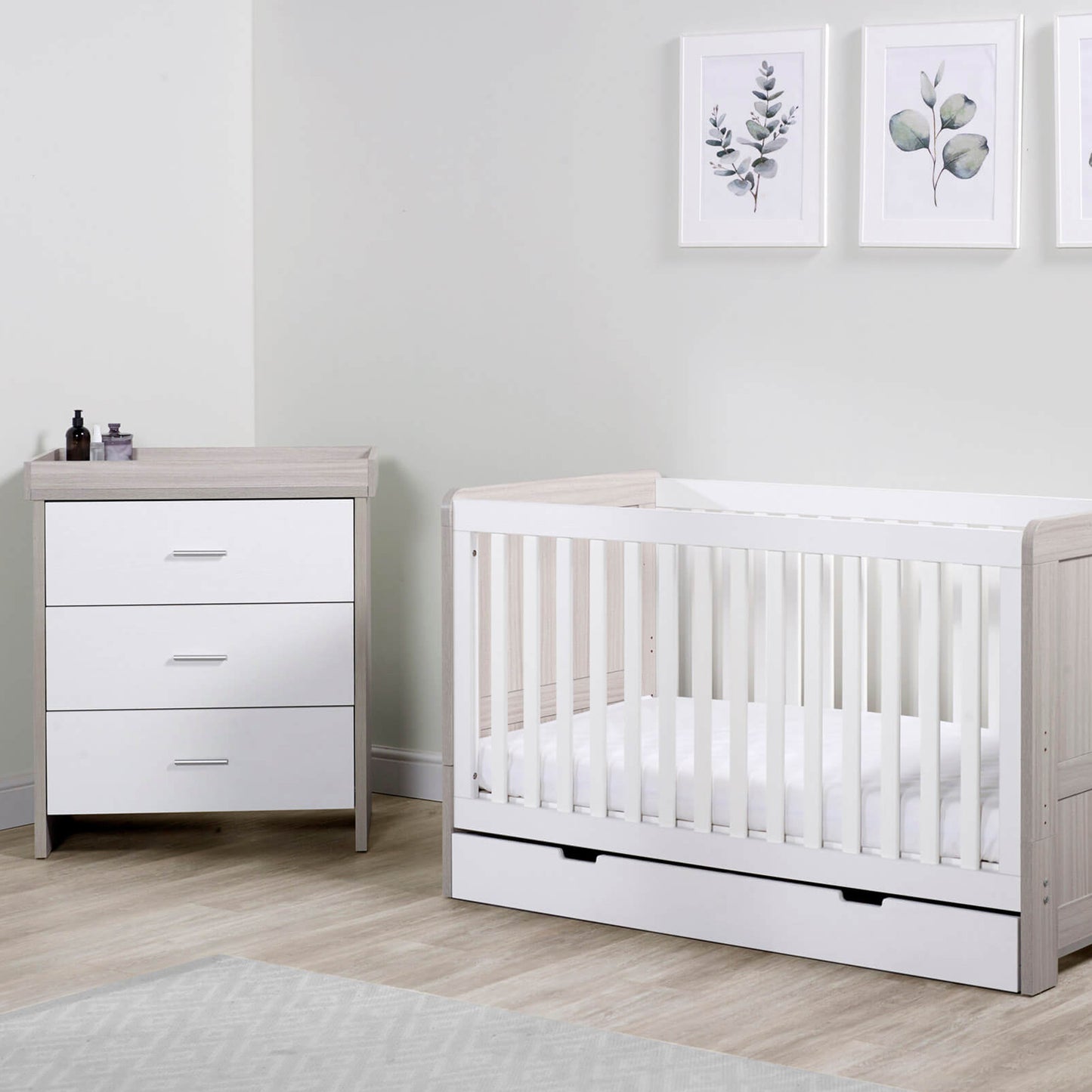 Ickle Bubba - Pembrey 2 Piece Furniture Set, Under Drawer and All Seasons Premium Pocket Sprung Mattress - Ash Grey & White