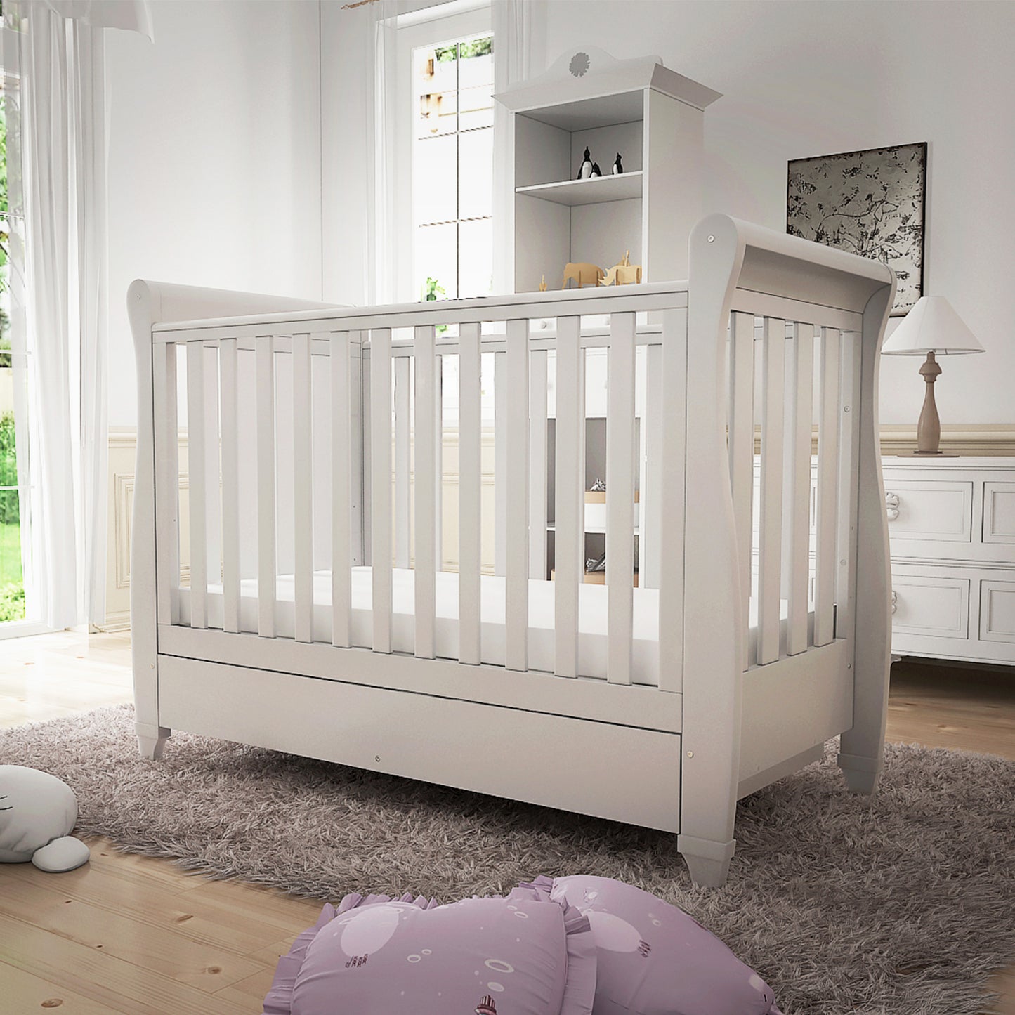 Babymore Mini Cot Bed Eva Sleigh Cot Bed Dropside with Drawer - White