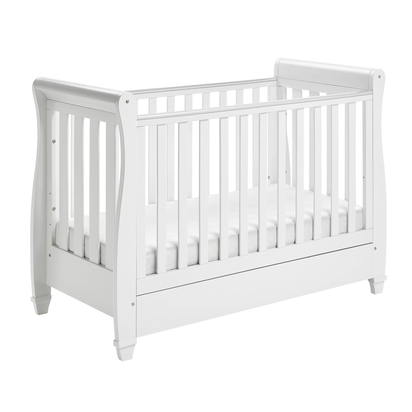 Babymore Mini Cot Bed Eva Sleigh Cot Bed Dropside with Drawer - White