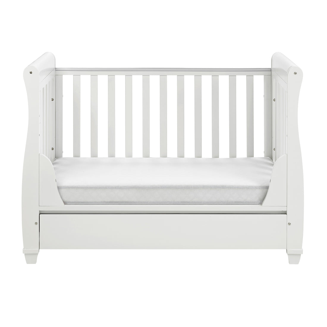 Baby More Mini Cot Bed Eva Sleigh Cot Bed with Drop Side & Storage Drawer – White