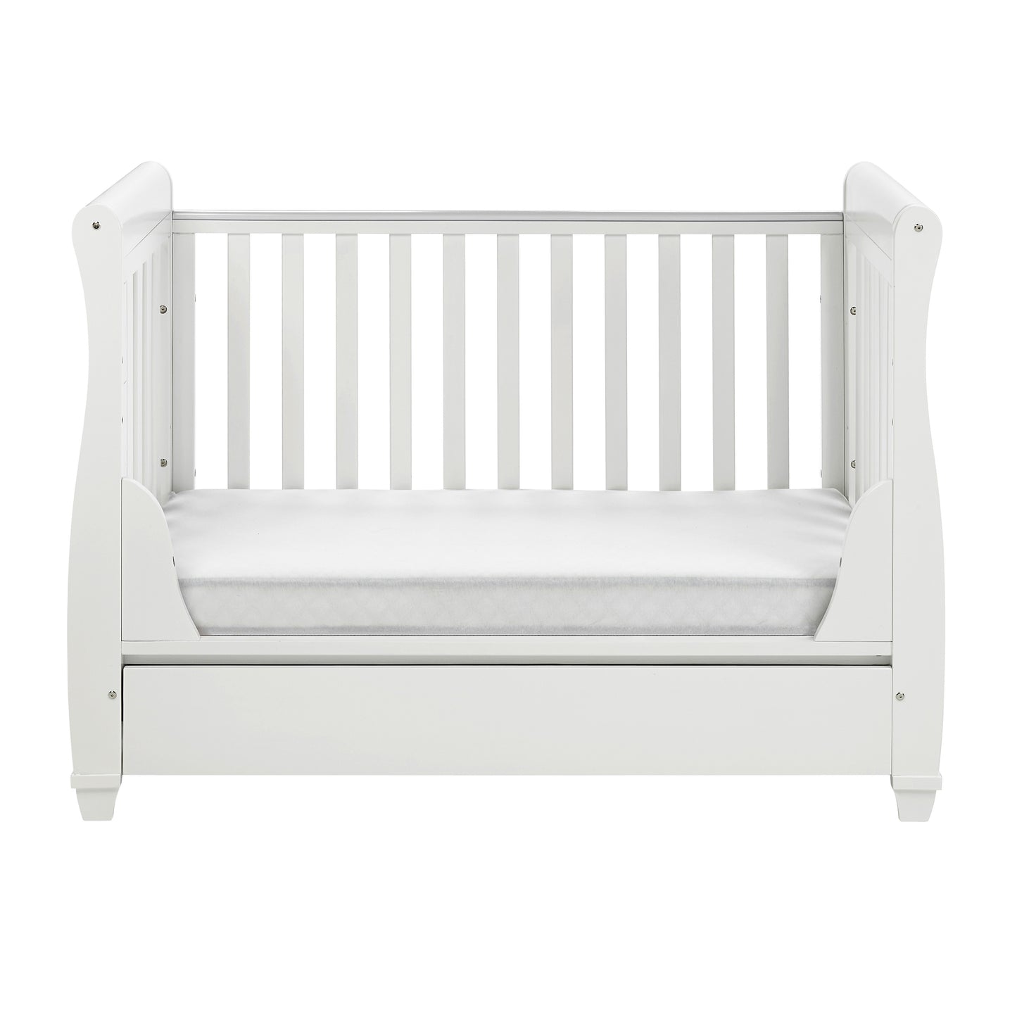 Babymore Mini Cot Bed Eva Sleigh Cot Bed Dropside with Drawer - White