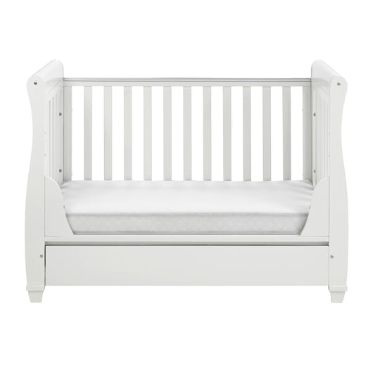 Babymore Mini Cot Bed Eva Sleigh Cot Bed Dropside with Drawer - White