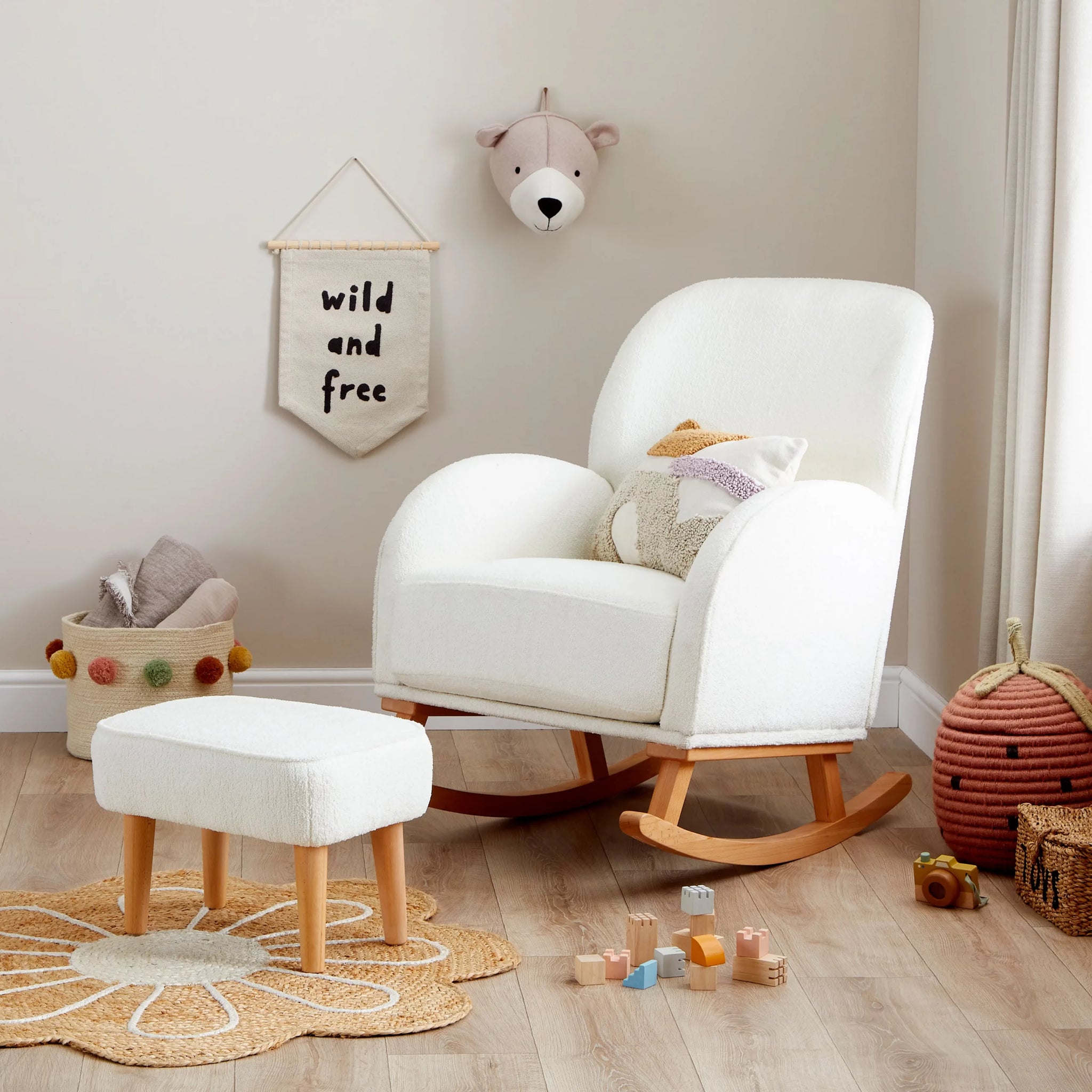 Babymore Freya Nursery Chair & Footstool – Off White Bouclé Comfort