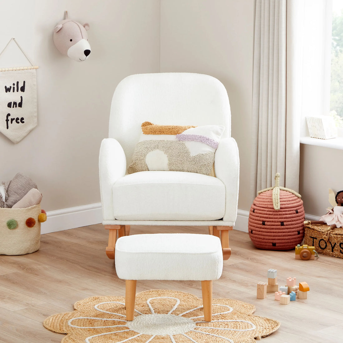 Babymore Freya Nursery Chair & Footstool – Off White Bouclé Comfort
