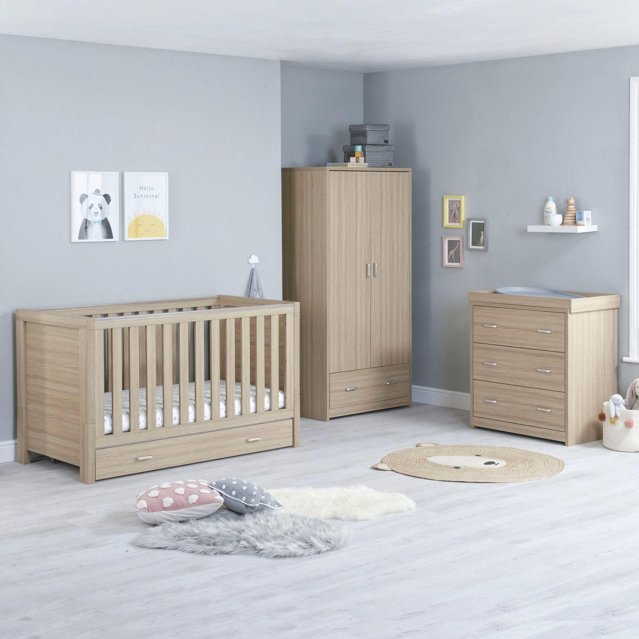 Babymore Luno 3 Piece Nursery Furniture Set with Drawer – Oak